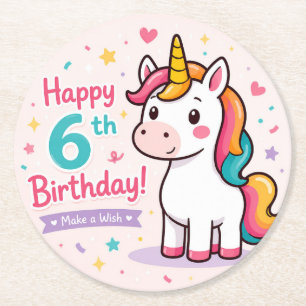 Whimsical Unicorn 6th Birthday Magic Round Paper Coaster