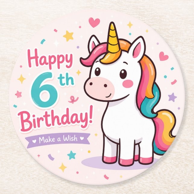 Whimsical Unicorn 6th Birthday Magic Round Paper Coaster (Front)