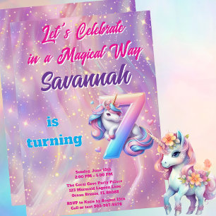 Whimsical Unicorn 7th Birthday Party Invite