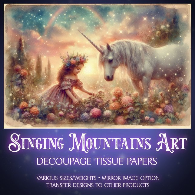 Whimsical Unicorn And Girl Fantasy Art Decoupage Tissue Paper (Creator Uploaded)