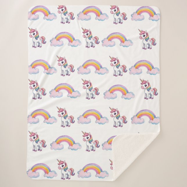 Whimsical unicorn and rainbow Sherpa Blanket (Front)