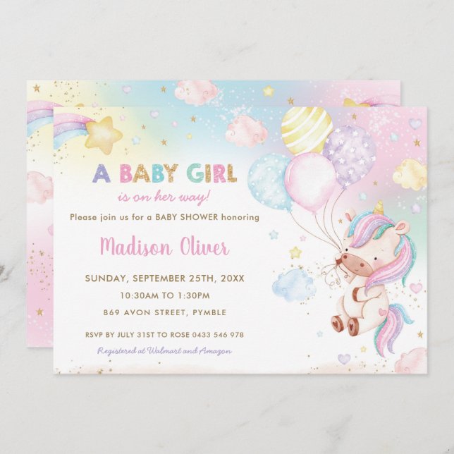 Whimsical Unicorn Balloons Rainbow Baby Shower Invitation (Front/Back)