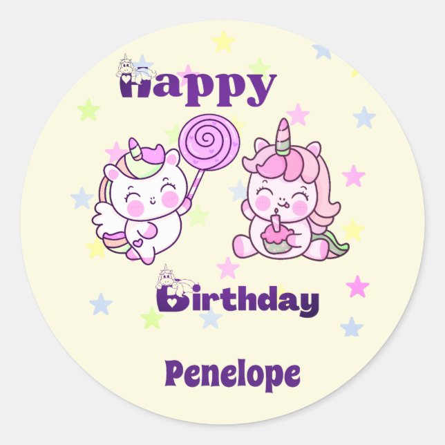 Whimsical Unicorn Birthday Delight Classic Round Sticker (Front)