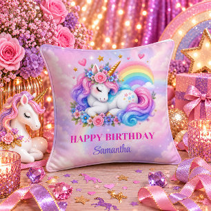 Whimsical Unicorn Birthday Girl Rainbow Throw Pill Cushion