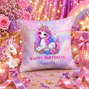 Whimsical Unicorn Birthday Girl Rainbow Throw Pill Cushion