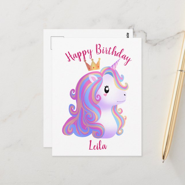 Whimsical Unicorn Birthday Postcard (Front/Back In Situ)