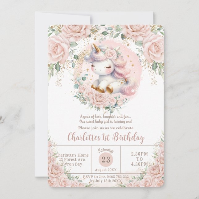 Whimsical Unicorn Blush Pink Floral Birthday Party Invitation (Front)