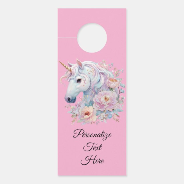 Whimsical Unicorn Floral Design Personalized Door Hanger (Front)