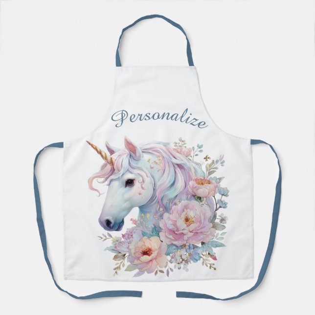 Whimsical Unicorn Floral Personalised Name Apron (Front)