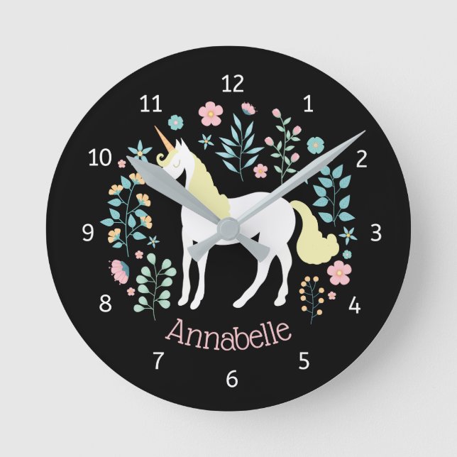 Whimsical Unicorn & Flowers Black Personalised Round Clock (Front)