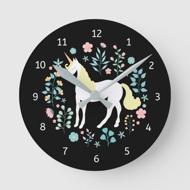 Whimsical Unicorn & Flowers Black Round Clock (Front)