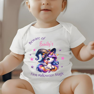 Whimsical Unicorn Girls first Halloween with Name Baby Bodysuit