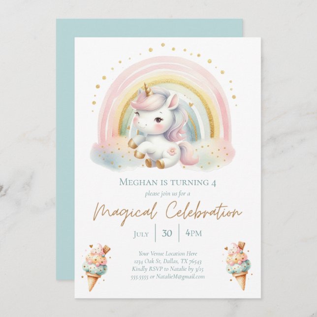 Whimsical Unicorn, Ice Cream & Rainbow Birthday Invitation (Front/Back)