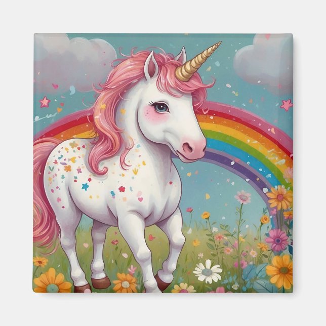 Whimsical Unicorn in Rainbow Floral Meadow  Magnet (Front)