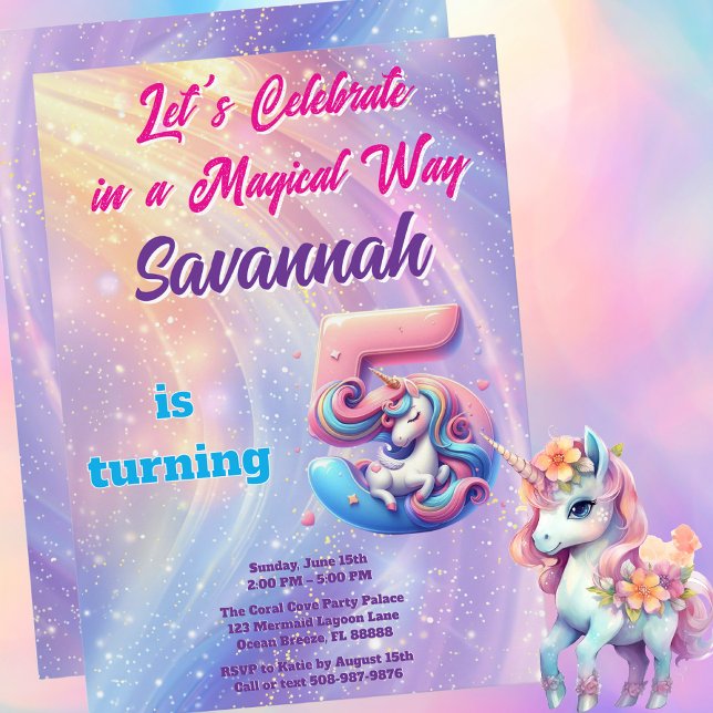 Whimsical Unicorn Pastel Rainbow 5th Birthday Invitation (Magical Unicorn Birthday Party Invitation)