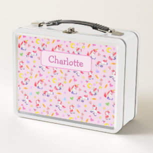  Whimsical Unicorn Pattern Pink Personalised Metal Lunch Box