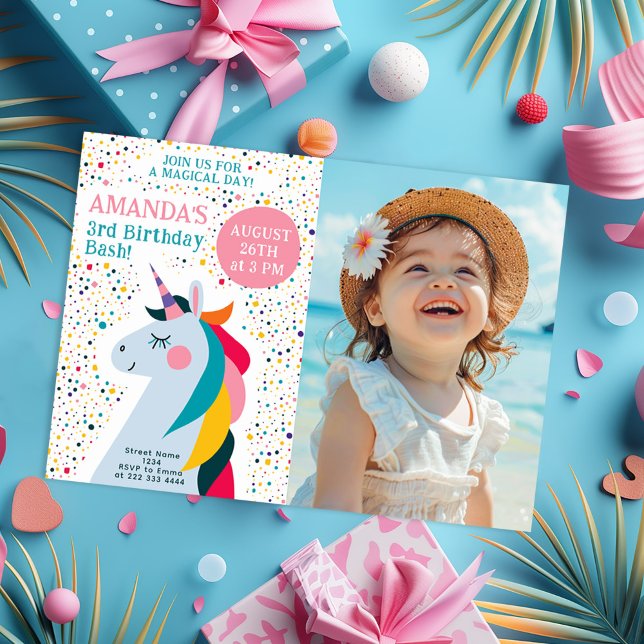 Whimsical Unicorn & Photo Birthday Party Card (Creator Uploaded)