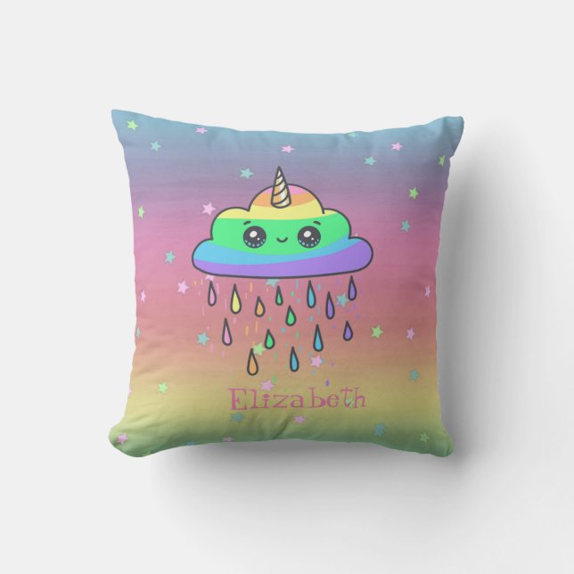 Whimsical  Unicorn Rainbow, Rain ,Ombre Cushion (Front)