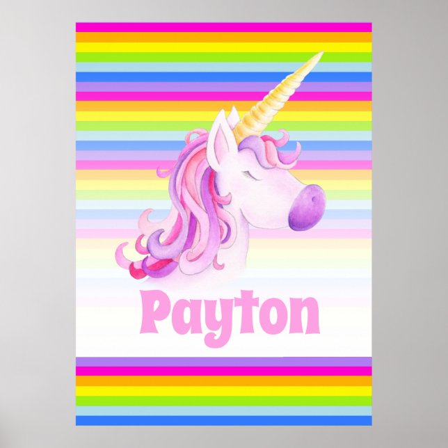 Whimsical unicorn rainbow stripes personalised poster (Front)