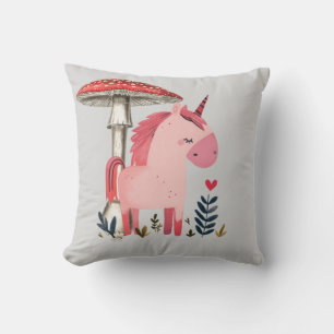 Whimsical Unicorn Under Mushroom Umbrella Square P Cushion