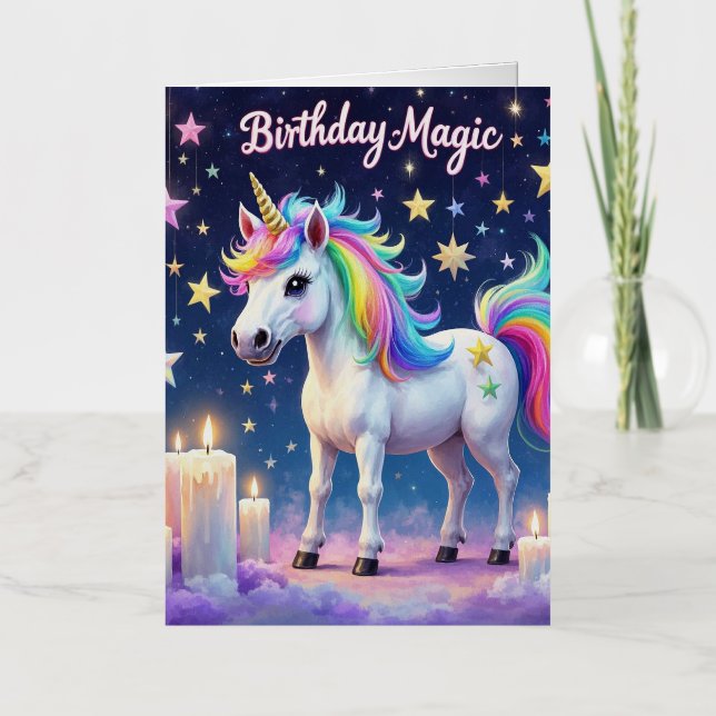 Whimsical unicorn with rainbow Birthday Magic art Foil Greeting Card (Front)