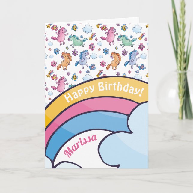Whimsical Unicorns and Bright Pretty Flowers Card (Front)