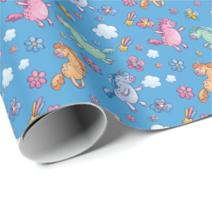 Whimsical Unicorns and Bright Pretty Flowers Wrapping Paper