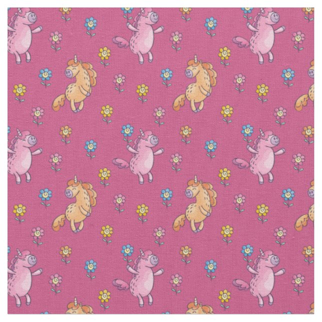 Whimsical Unicorns and Pretty Flowers Pattern Fabric (Close Up)