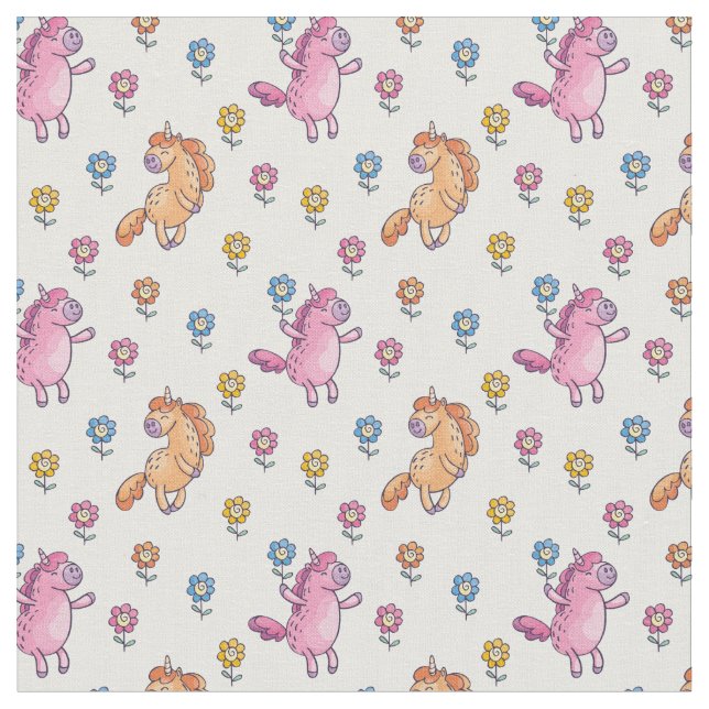 Whimsical Unicorns and Pretty Flowers Pattern Fabric (Close Up)