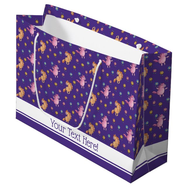 Whimsical Unicorns and Pretty Flowers Pattern Large Gift Bag (Front Angled)