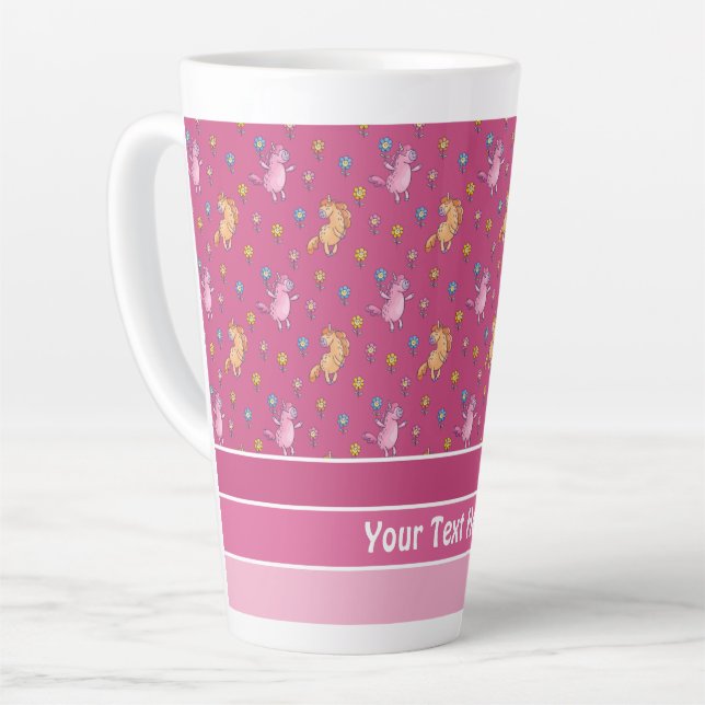 Whimsical Unicorns and Pretty Flowers Pattern Latte Mug (Left Angle)