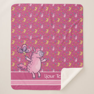 Whimsical Unicorns and Pretty Flowers Pattern Sherpa Blanket