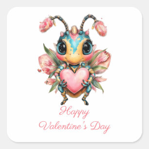 Whimsical Valentine`s Day Bug Heart Square Sticker