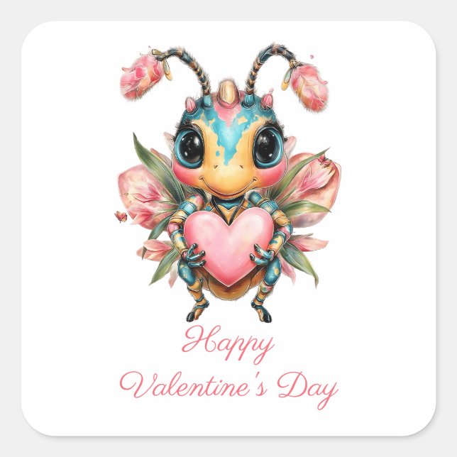 Whimsical Valentine`s Day Bug Heart Square Sticker (Front)
