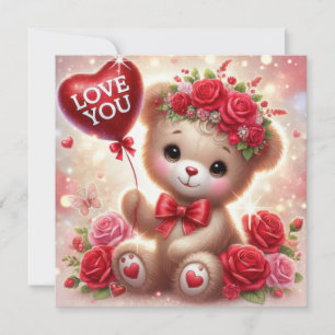 Whimsical Valentine teddy bear with red heart Holiday Card