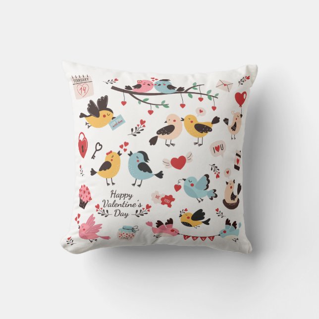 Whimsical Valentine's Day Birds Throw Pillow (Front)