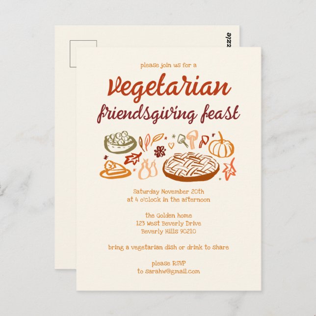 Whimsical VEGETARIAN Thanksgiving Friendsgiving Postcard (Front/Back)