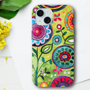 Whimsical Vibrant Colour Folk Art Floral Patterned iPhone 15 Case