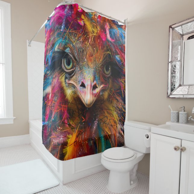 Whimsical Vibrant Coloured Wackadoodle Ostrich Bir Shower Curtain (In Situ)