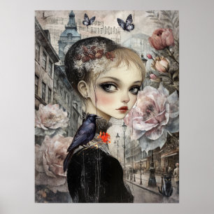 Whimsical Victorian Gothic Girl & Florals London Poster