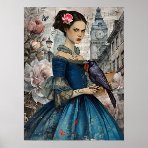 Whimsical Victorian Gothic Girl & Florals London Poster