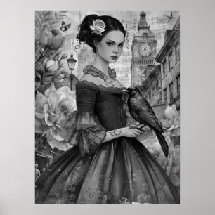 Whimsical Victorian Gothic Girl & Florals London Poster