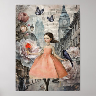 Whimsical Victorian Gothic Girl & Florals London Poster