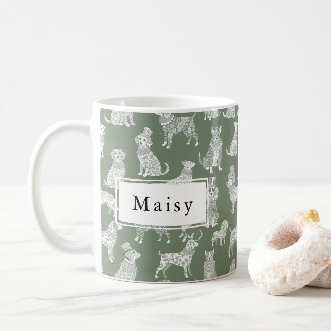 Whimsical Victorian Style Dog Lover Custom Name Coffee Mug (With Donut)