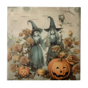 Whimsical Victorian Witches Pumpkin Roses Ceramic Tile