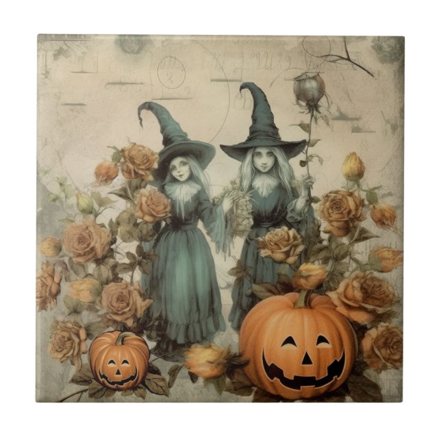 Whimsical Victorian Witches Pumpkin Roses Ceramic Tile (Front)