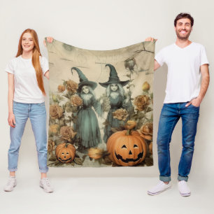 Whimsical Victorian Witches Pumpkin Roses Fleece Blanket