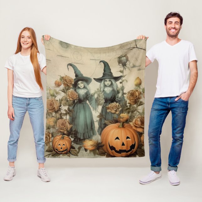 Whimsical Victorian Witches Pumpkin Roses Fleece Blanket (In Situ)