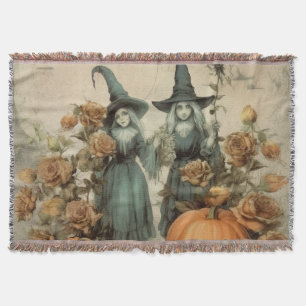 Whimsical Victorian Witches Pumpkin Roses Throw Blanket