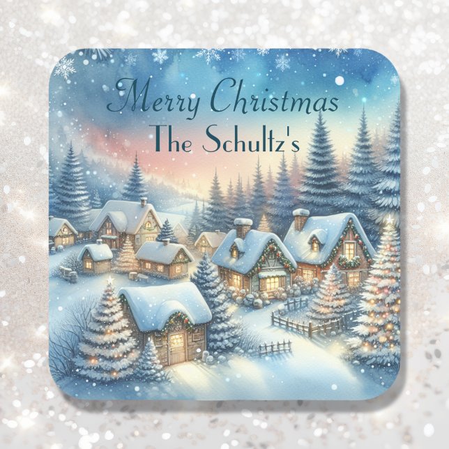 Whimsical Village Christmas Personalised Square Sticker (Creator Uploaded)